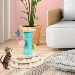 Multifunctional Interactive Cat Toy, Wooden Turntable Ball Toy with Sisal Scratcher Post and Feather Teaser