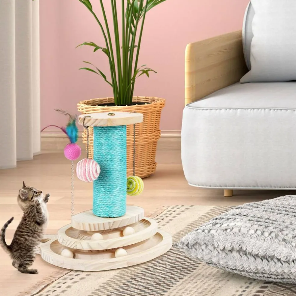Multifunctional Interactive Cat Toy, Wooden Turntable Ball Toy with Sisal Scratcher Post and Feather Teaser