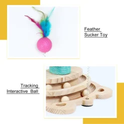Multifunctional Interactive Cat Toy, Wooden Turntable Ball Toy with Sisal Scratcher Post and Feather Teaser