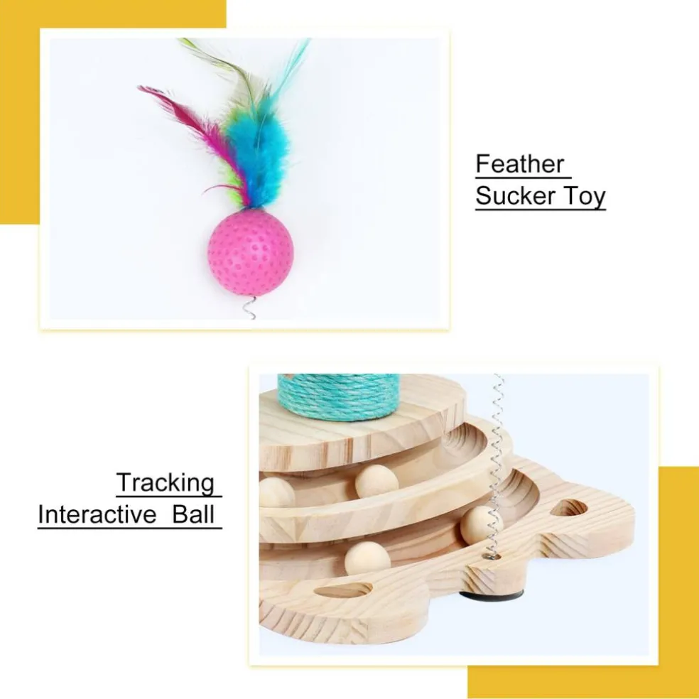 Multifunctional Interactive Cat Toy, Wooden Turntable Ball Toy with Sisal Scratcher Post and Feather Teaser