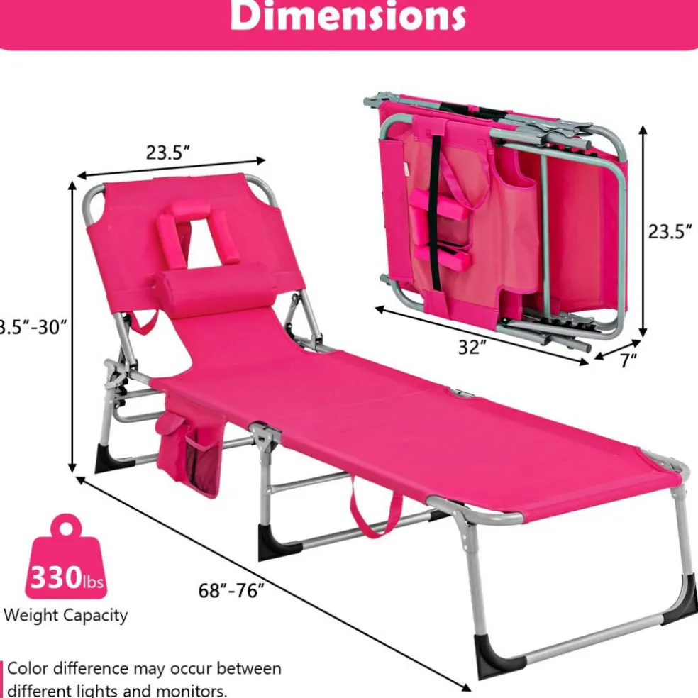 Multi-Position Foldable Beach Recliner Backrest Chair with Pillow and Face Down Hole for Yard and Sunbathing