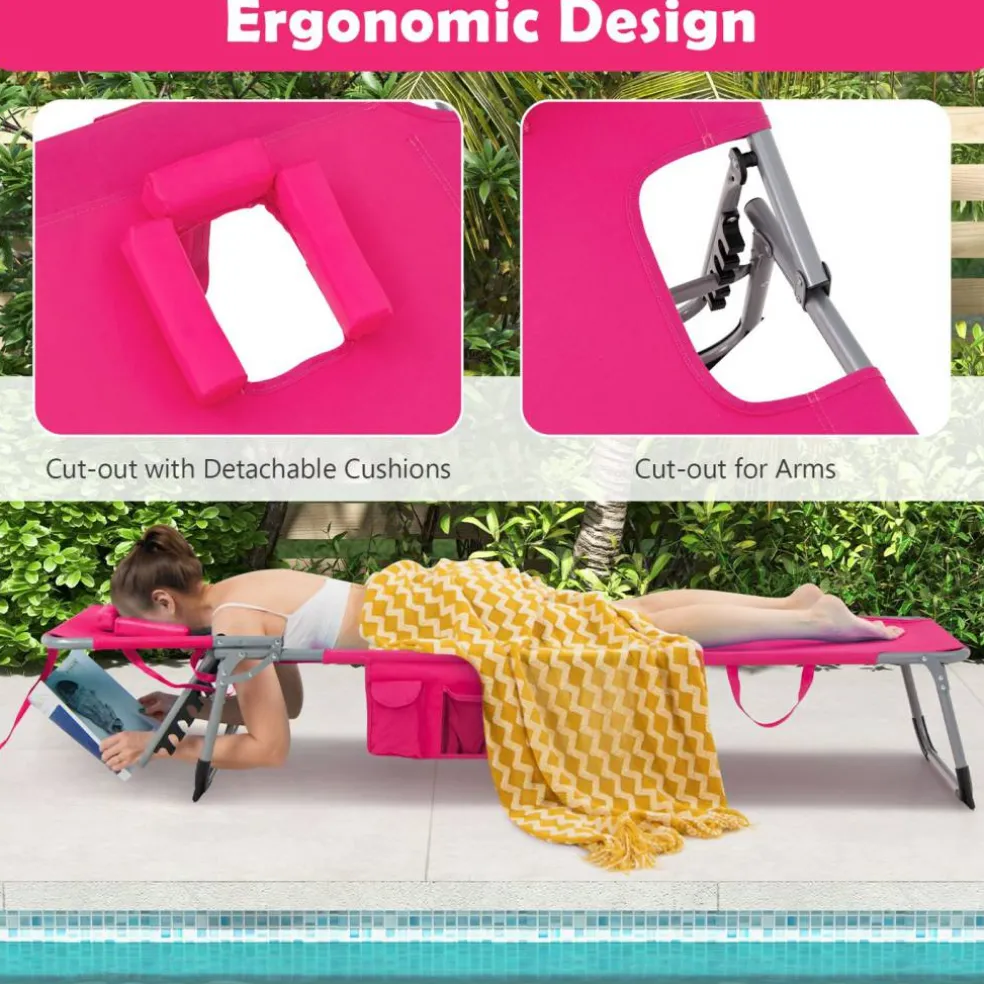 Multi-Position Foldable Beach Recliner Backrest Chair with Pillow and Face Down Hole for Yard and Sunbathing
