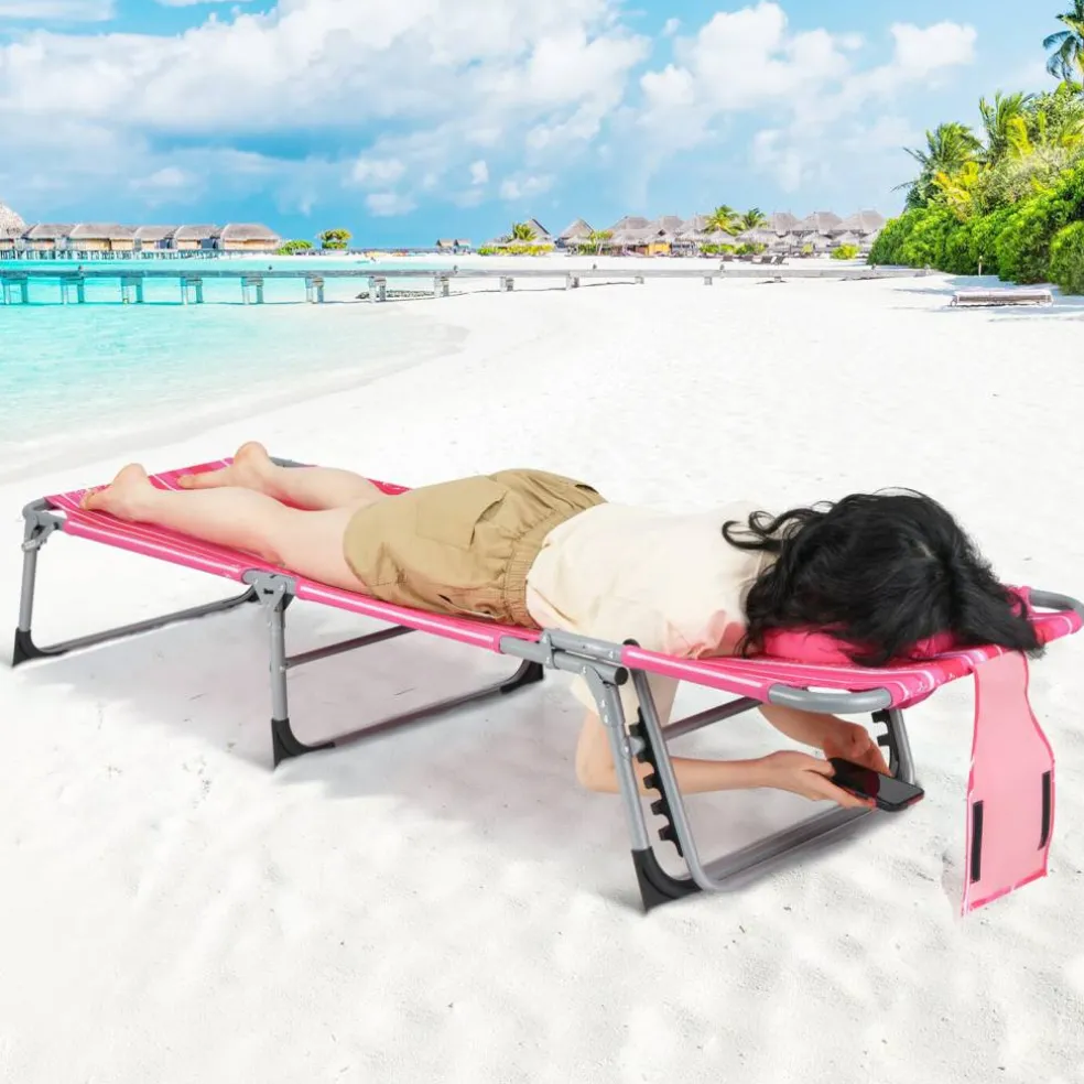 Multi-Position Foldable Beach Recliner Backrest Chair with Pillow and Face Down Hole for Yard and Sunbathing