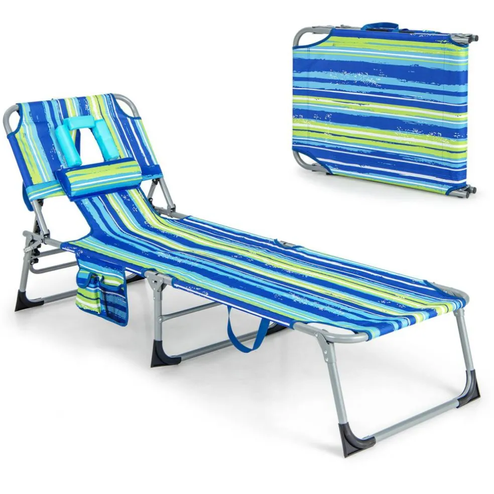 Multi-Position Foldable Beach Recliner Backrest Chair with Pillow and Face Down Hole for Yard and Sunbathing