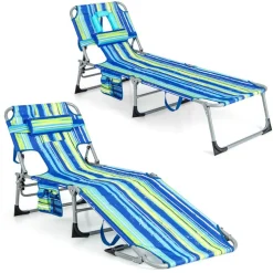 Multi-Position Foldable Beach Recliner Backrest Chair with Pillow and Face Down Hole for Yard and Sunbathing