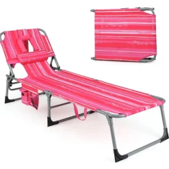 Multi-Position Foldable Beach Recliner Backrest Chair with Pillow and Face Down Hole for Yard and Sunbathing