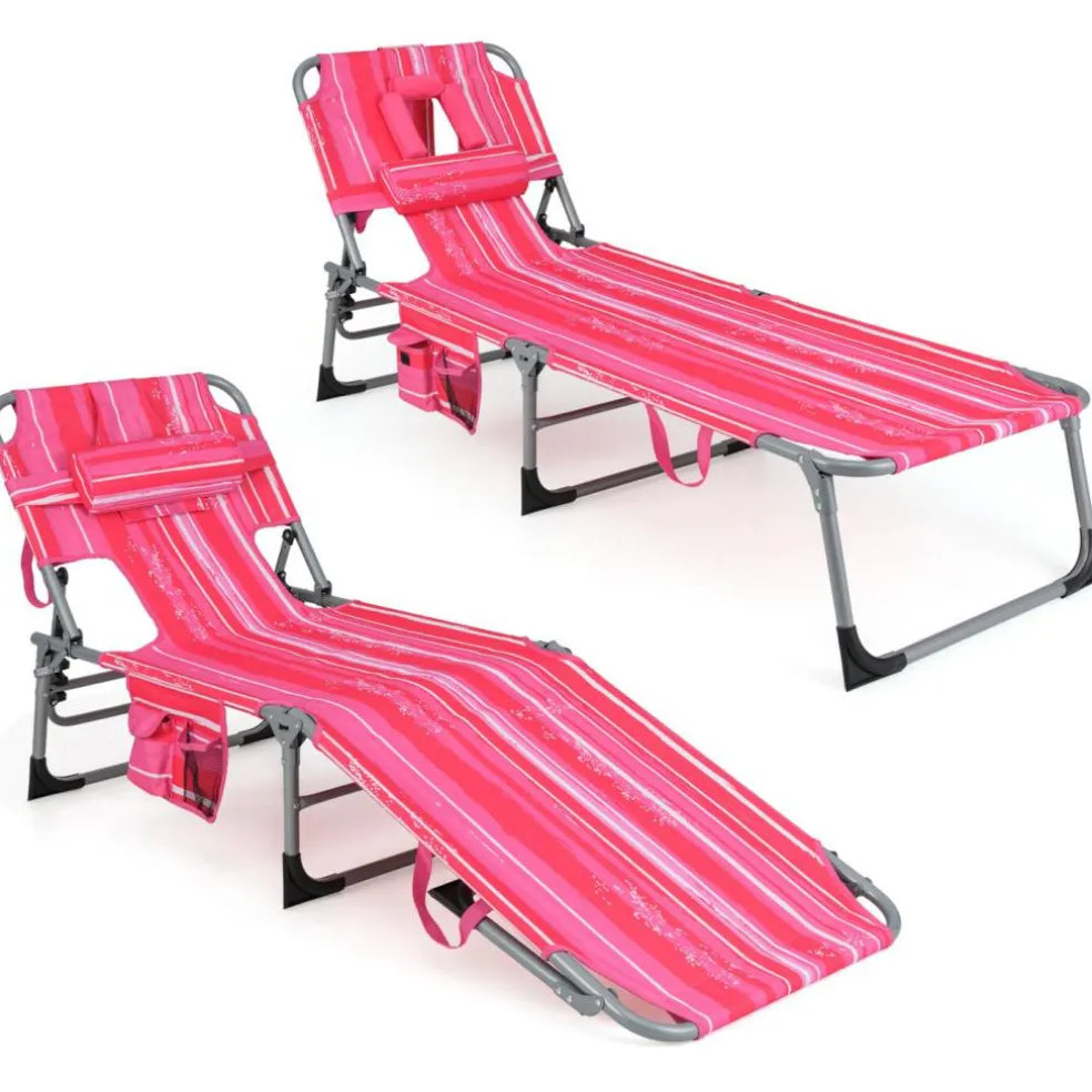 Multi-Position Foldable Beach Recliner Backrest Chair with Pillow and Face Down Hole for Yard and Sunbathing