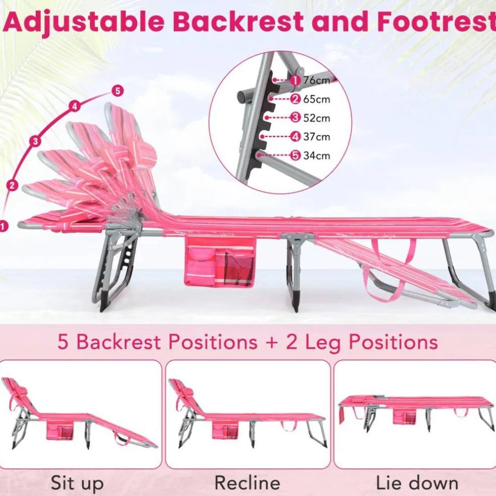 Multi-Position Foldable Beach Recliner Backrest Chair with Pillow and Face Down Hole for Yard and Sunbathing