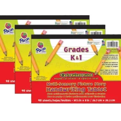 Multi-Sensory Raised Ruled Tablet, Tape Bound, 5/8" x 5/16" x 5/16" Picture Story Ruled Long, 10-1/2" x 8", 40 Sheets, Pack of 3