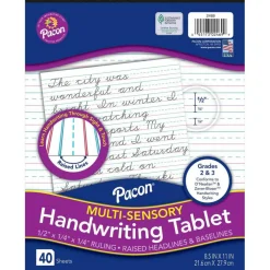 Multi-Sensory Raised Ruled Tablet, Tape-Bound Tablet, 1/2" x 1/4" x 1/4" Ruled Short, 8-1/2" x 11", 40 Sheets