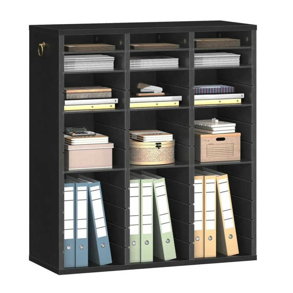 Multi Slot Literature Organizer Black Brown Filing Cabinet with Adjustable Compartments for Office Library Classroom Storage