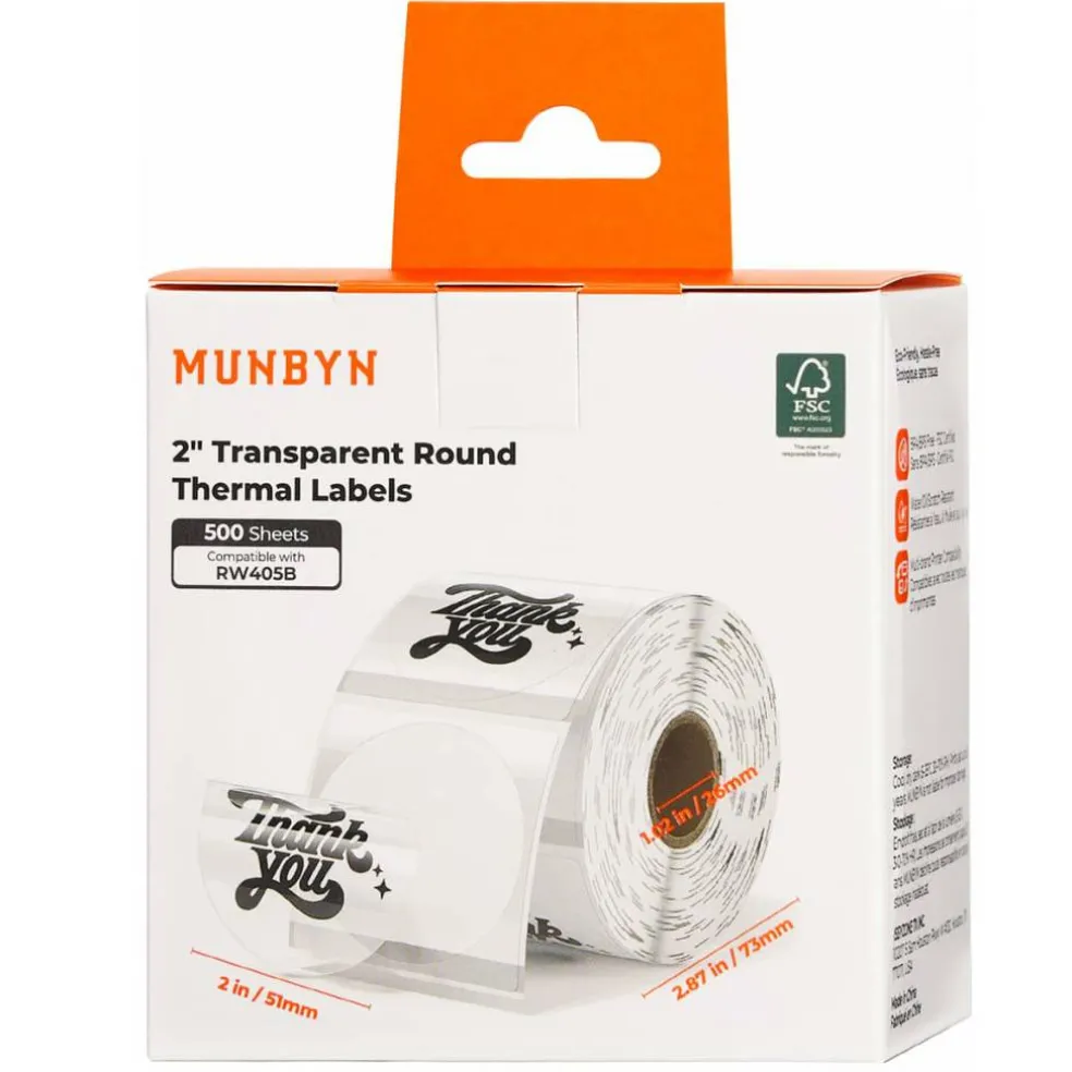 MUNBYN® 2" Transparent Round Thermal Labels, 500ct.
