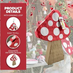 Mushroom Themed Pinata, Red & Brown Color with White Dots, Elevate Your Woodland Birthday Celebration with Vibrant Supplies and Eye Catching Decoration, Forest Party Favor