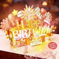 Musical Birthday Card 3D Pop Up with Light Blow Out LED Candle and Plays Happy Birthday Music Surprise Greeting Cards Gifts for Women Rose Gold