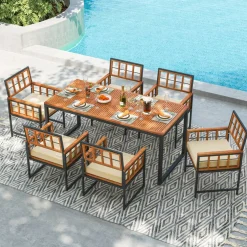 Natural Black Acacia Wood Metal 7-Piece Patio Dining Set Rectangular Table Armchairs Cushioned Seats