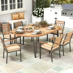 Natural Black 79" Oval Outdoor Dining Table with Acacia Wood Top and Umbrella Hole for 8 People Patio Garden Deck