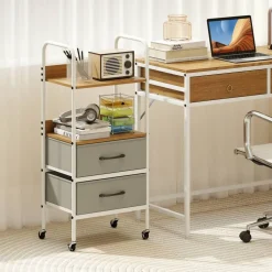 Natural Grey White Rolling Storage Cart 2-Tier Shelves 2 Fabric Drawers