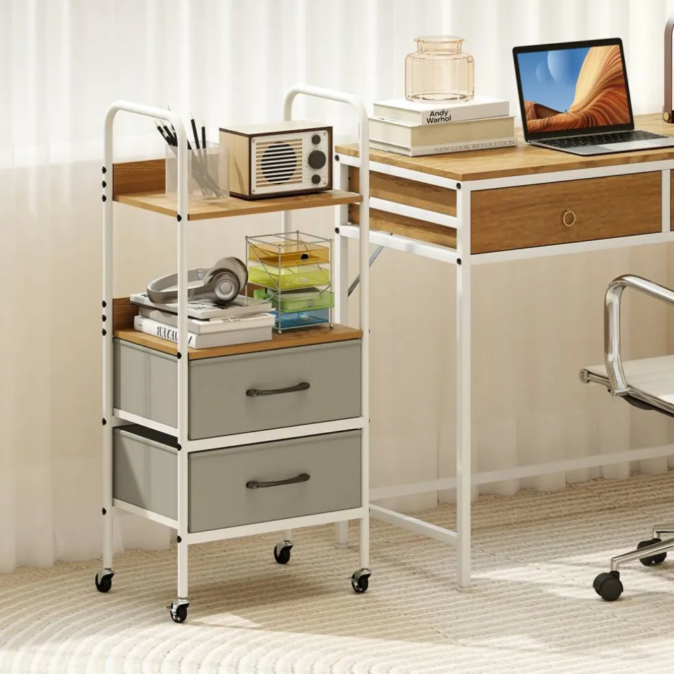 Natural Grey White Rolling Storage Cart 2-Tier Shelves 2 Fabric Drawers
