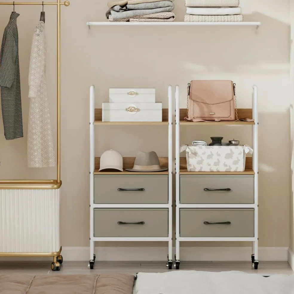 Natural Grey White Rolling Storage Cart 2-Tier Shelves 2 Fabric Drawers