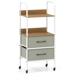 Natural Grey White Rolling Storage Cart 2-Tier Shelves 2 Fabric Drawers