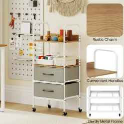 Natural Grey White Rolling Storage Cart 2-Tier Shelves 2 Fabric Drawers