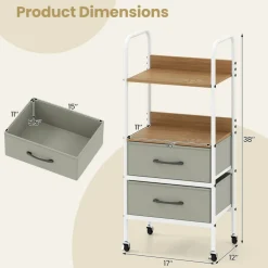 Natural Grey White Rolling Storage Cart 2-Tier Shelves 2 Fabric Drawers