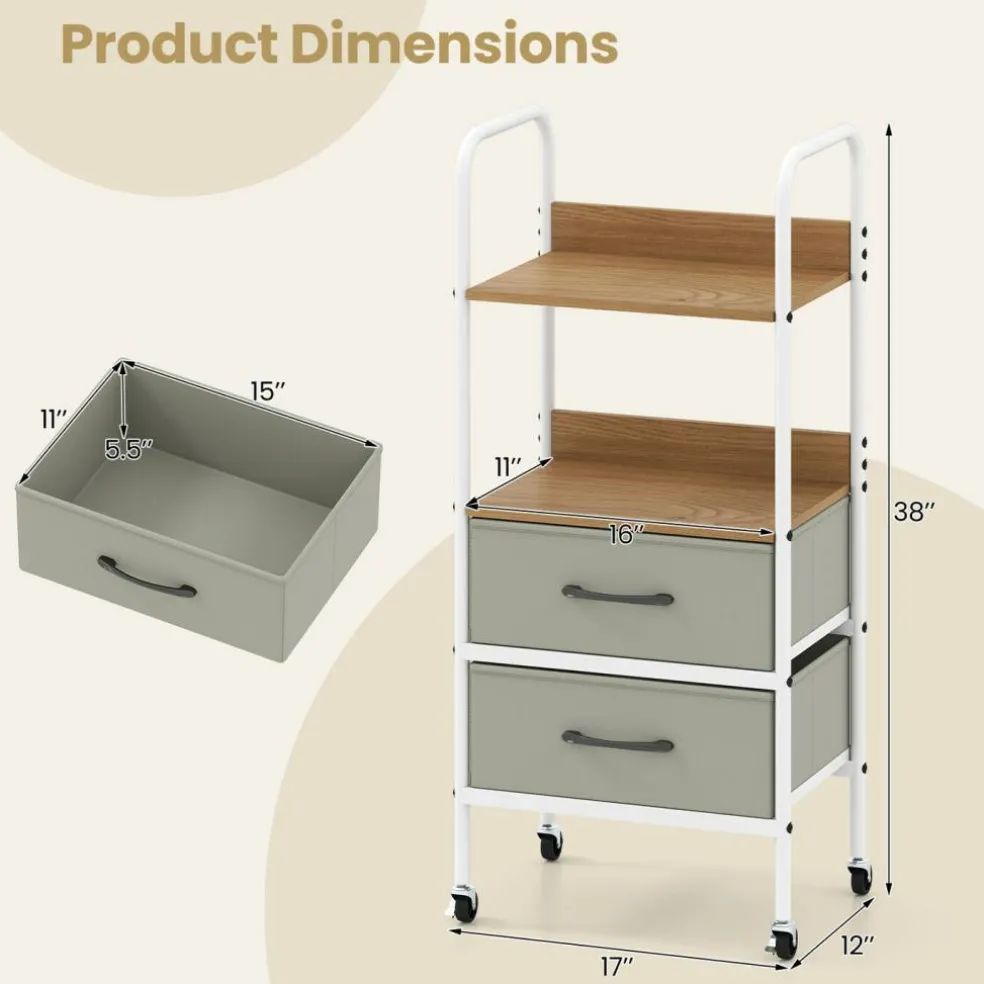 Natural Grey White Rolling Storage Cart 2-Tier Shelves 2 Fabric Drawers