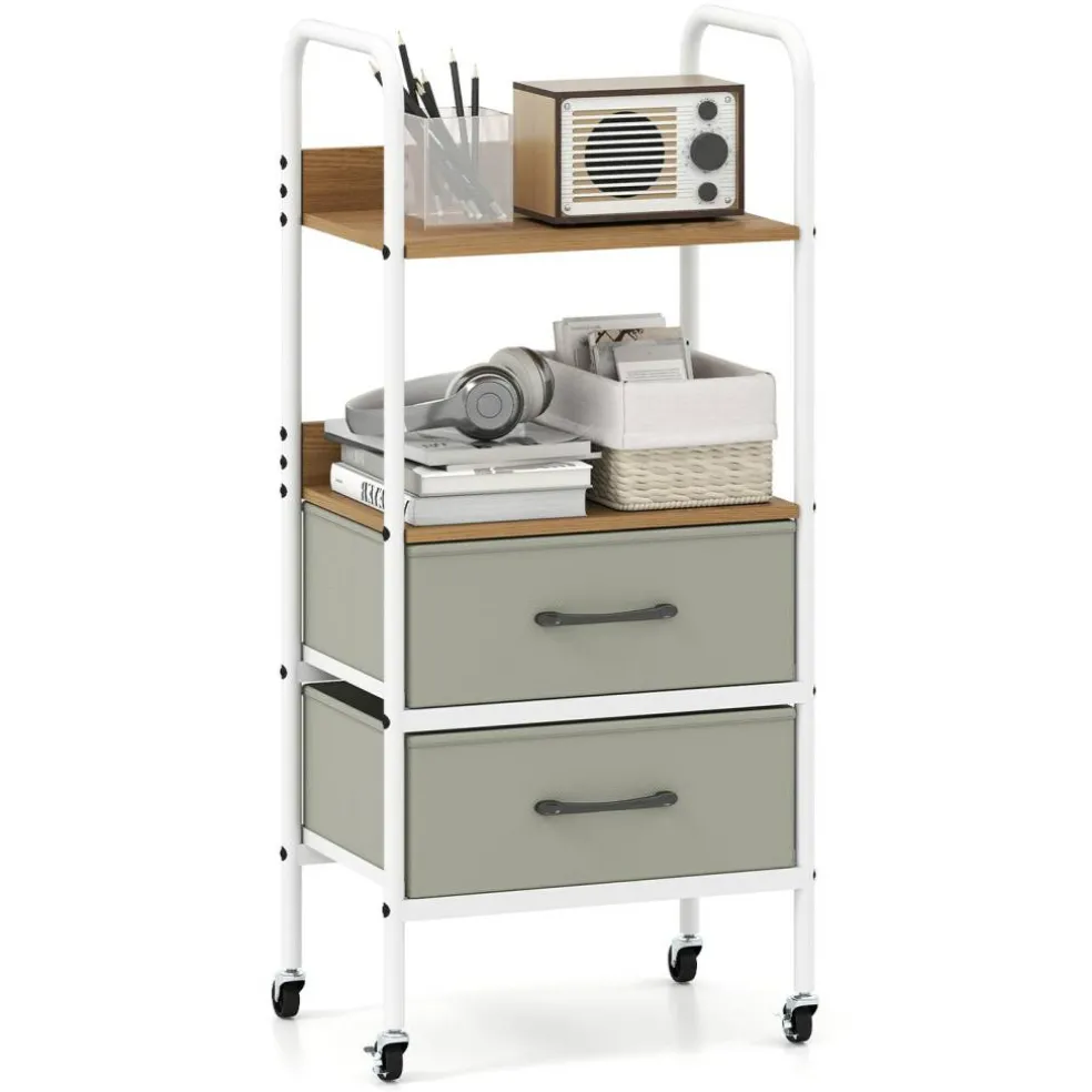 Natural Grey White Rolling Storage Cart 2-Tier Shelves 2 Fabric Drawers