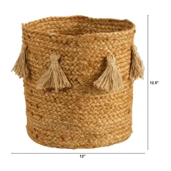 12.5'' Natural Hand-Woven Jute Boho Chic Basket Planter with Tassels