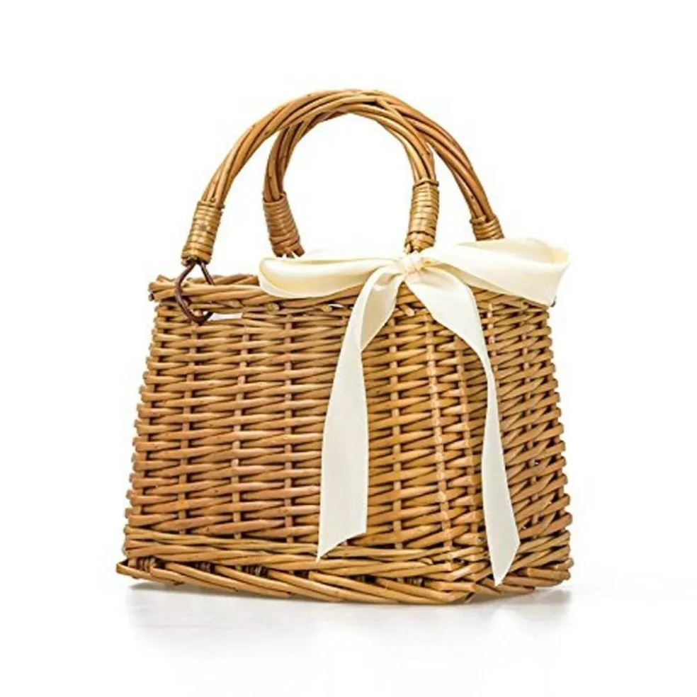 Natural Handwoven Wicker Handbag, Rectangular Basket Purse, Women Straw Tote for Beach (Rectangular Khaki 10.2" X 6.3" X 6.7")