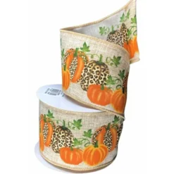2.5" Natural Linen Cheetah Pumpkin Ribbon: Orange (10 Yards)