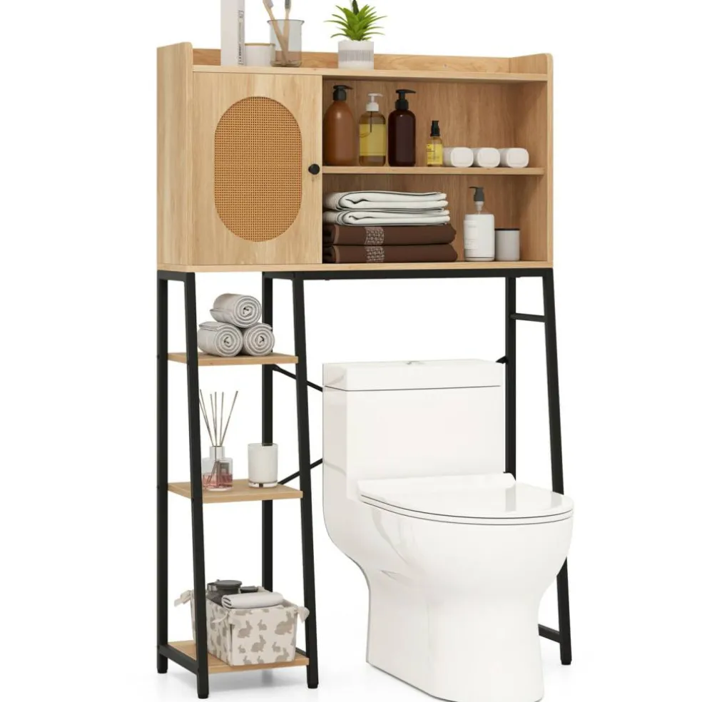 Natural PE Rattan and Engineered Wood Toilet Rack with Adjustable Shelves