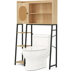 Natural PE Rattan and Engineered Wood Toilet Rack with Adjustable Shelves