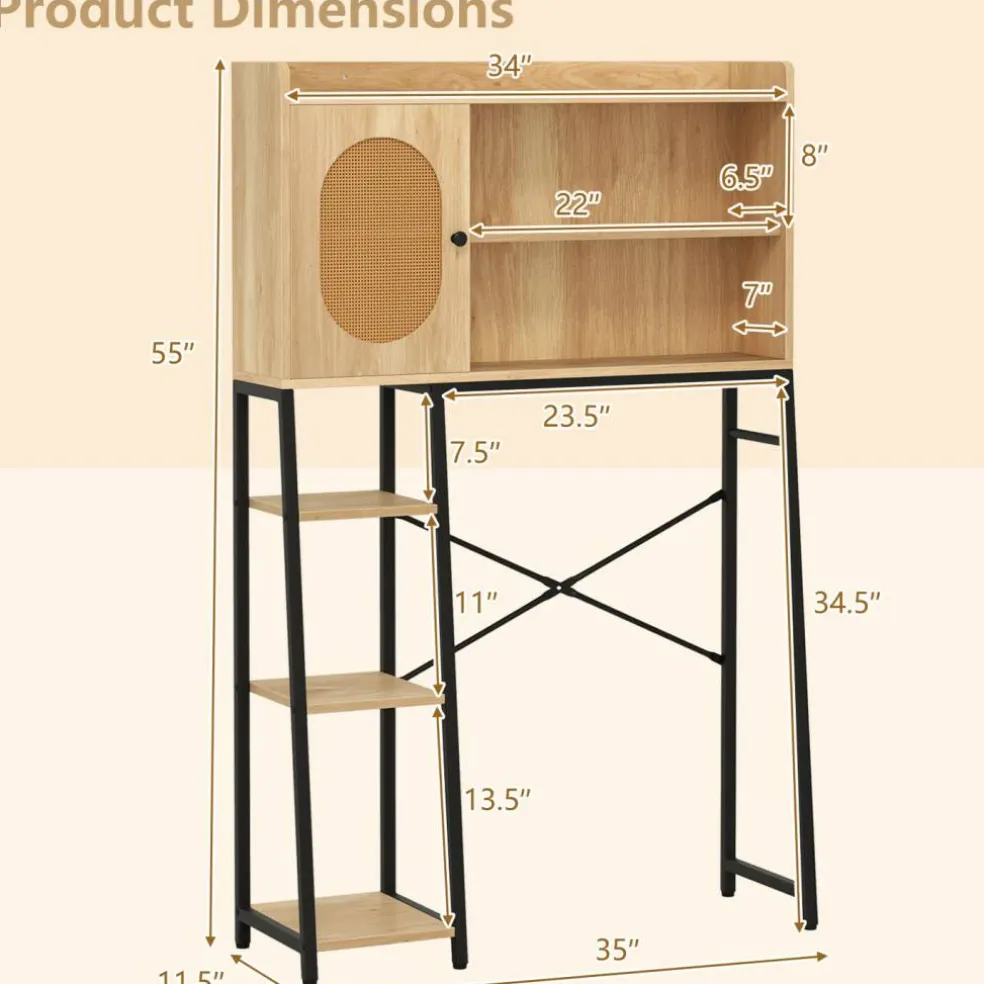 Natural PE Rattan and Engineered Wood Toilet Rack with Adjustable Shelves