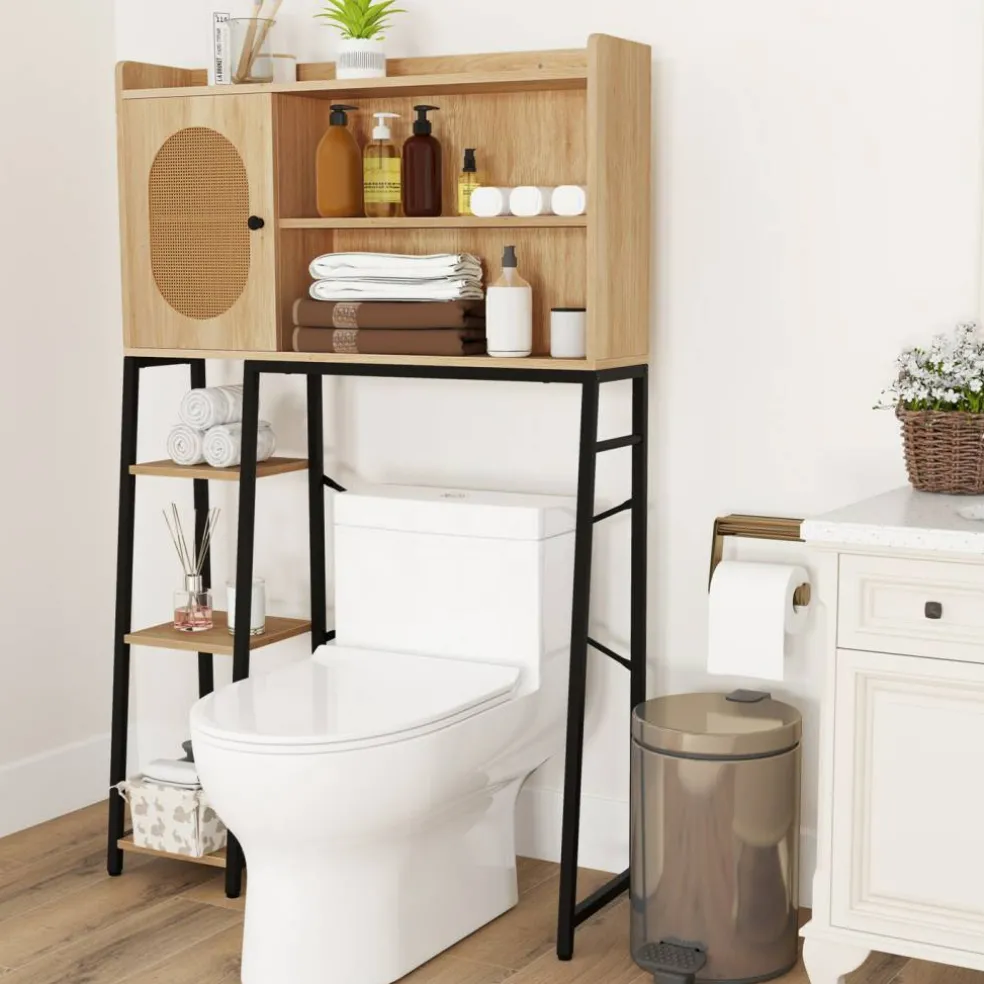 Natural PE Rattan and Engineered Wood Toilet Rack with Adjustable Shelves