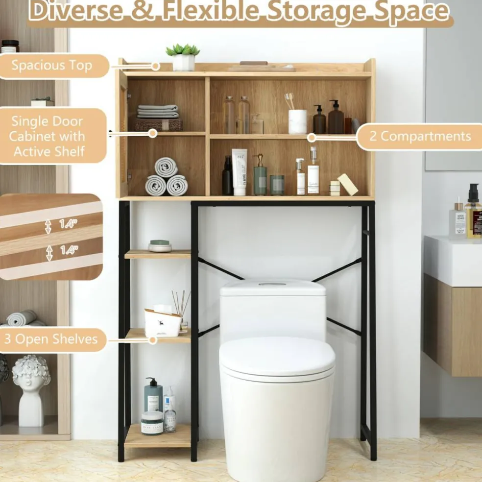 Natural PE Rattan and Engineered Wood Toilet Rack with Adjustable Shelves