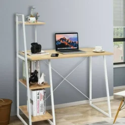 Natural White Computer Desk 4-Tier Particle Board Iron Frame X Design