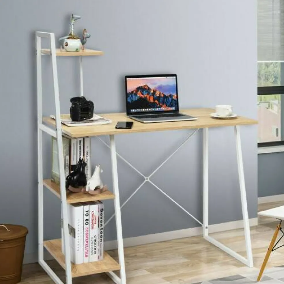 Natural White Computer Desk 4-Tier Particle Board Iron Frame X Design