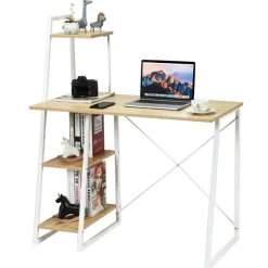 Natural White Computer Desk 4-Tier Particle Board Iron Frame X Design