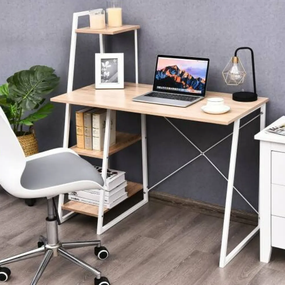 Natural White Computer Desk 4-Tier Particle Board Iron Frame X Design