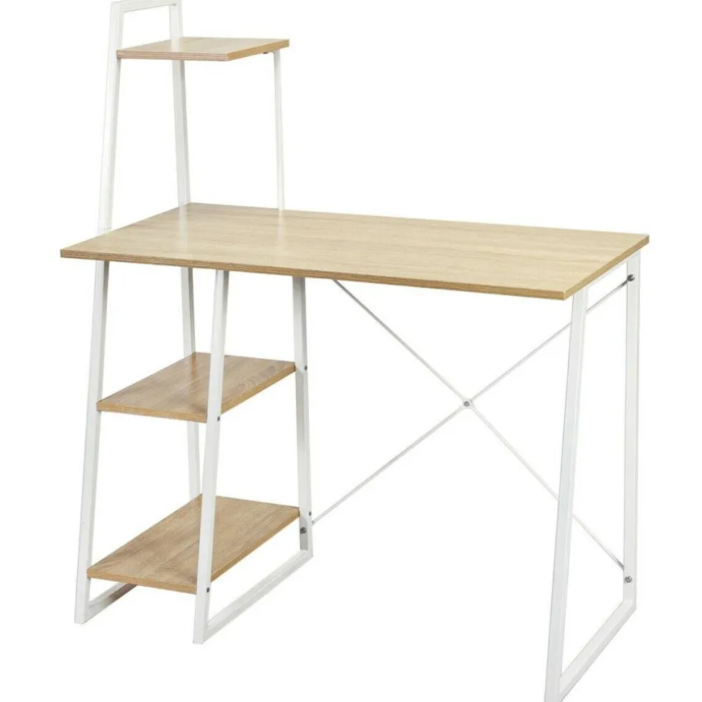 Natural White Computer Desk 4-Tier Particle Board Iron Frame X Design