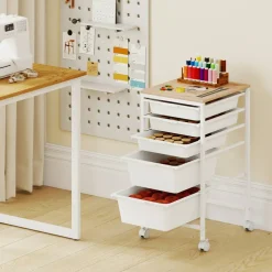 Natural White Rolling Storage Cart MDF Metal 5-Drawer Mobile Organizer