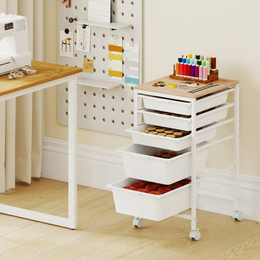 Natural White Rolling Storage Cart MDF Metal 5-Drawer Mobile Organizer
