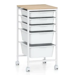 Natural White Rolling Storage Cart MDF Metal 5-Drawer Mobile Organizer