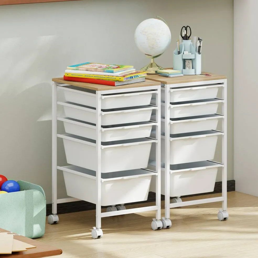 Natural White Rolling Storage Cart MDF Metal 5-Drawer Mobile Organizer