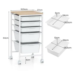 Natural White Rolling Storage Cart MDF Metal 5-Drawer Mobile Organizer