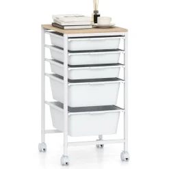 Natural White Rolling Storage Cart MDF Metal 5-Drawer Mobile Organizer