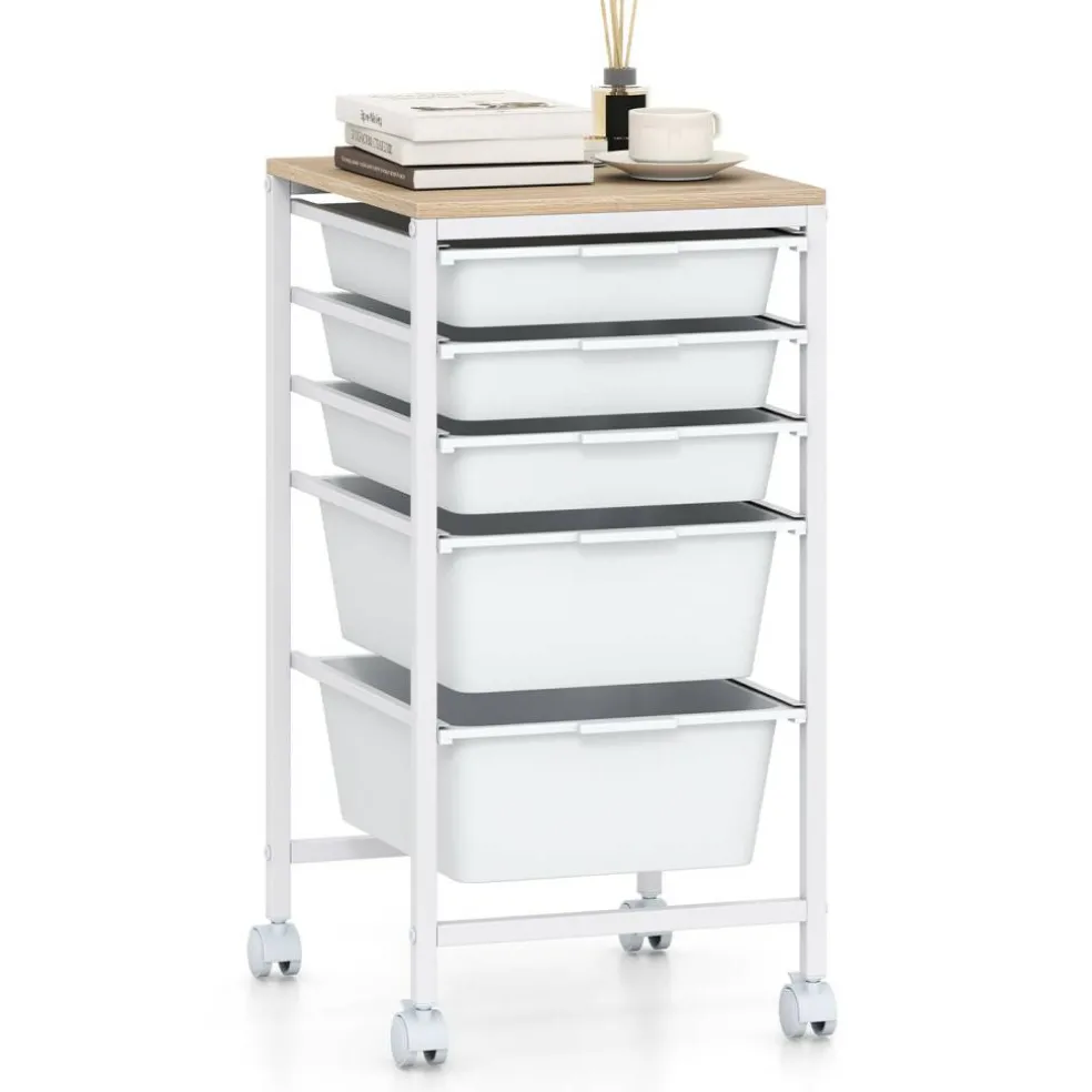 Natural White Rolling Storage Cart MDF Metal 5-Drawer Mobile Organizer