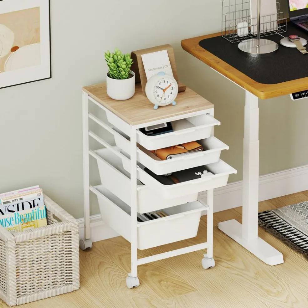 Natural White Rolling Storage Cart MDF Metal 5-Drawer Mobile Organizer
