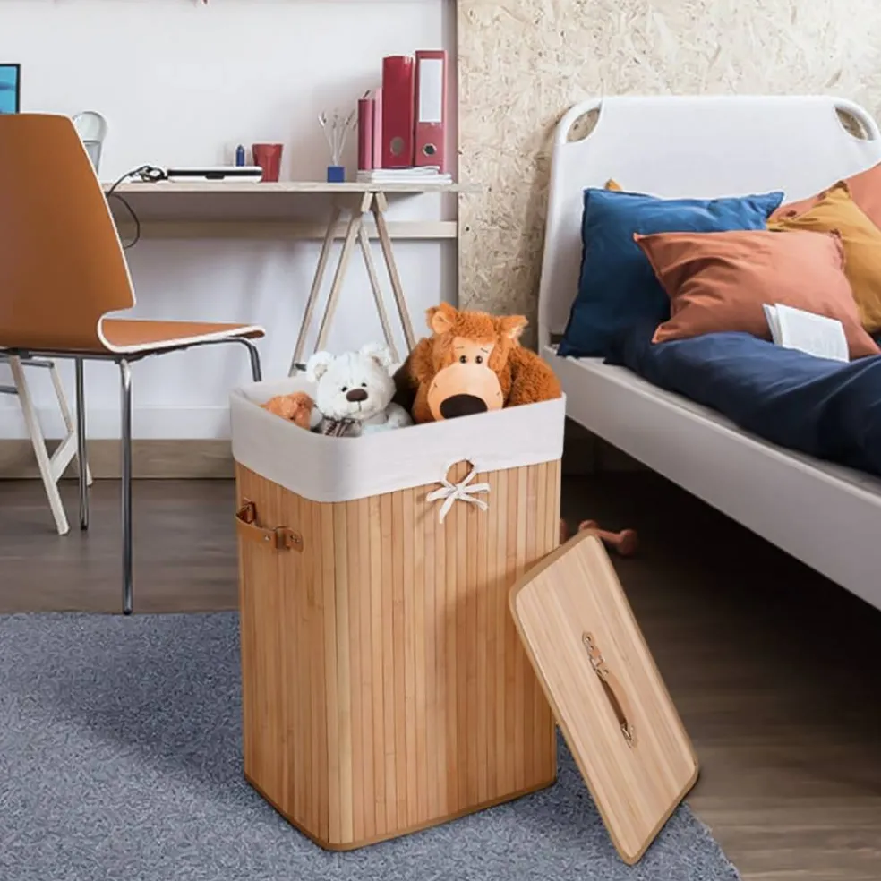 Natural Wicker Laundry Hamper With Removable Liner And PU Leather Handles 72L